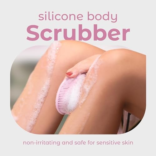 MainBasics Silicone Body Scrubber – Dual-Sided Shower Exfoliator for Men & Women, Gentle Silicone Loofah Alternative for Deep Clean (Pink, Exfoliate) - Image 2