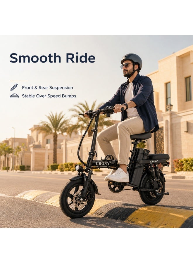 Crony Foldable &  Smart Electric bike for Daily Urban Commuting | 350W Motor, 48V 10.8Ah Battery, Dual Suspension, Dual Disc Brakes, Max Load 150KG, Up to 25km Pure Electric Range 350W Motor, Up to 20 km/h Speed, Pure Electric Range Up to 25 km electric cycling with 2 Seater for Everyday Urban Mobility Black - Image 4