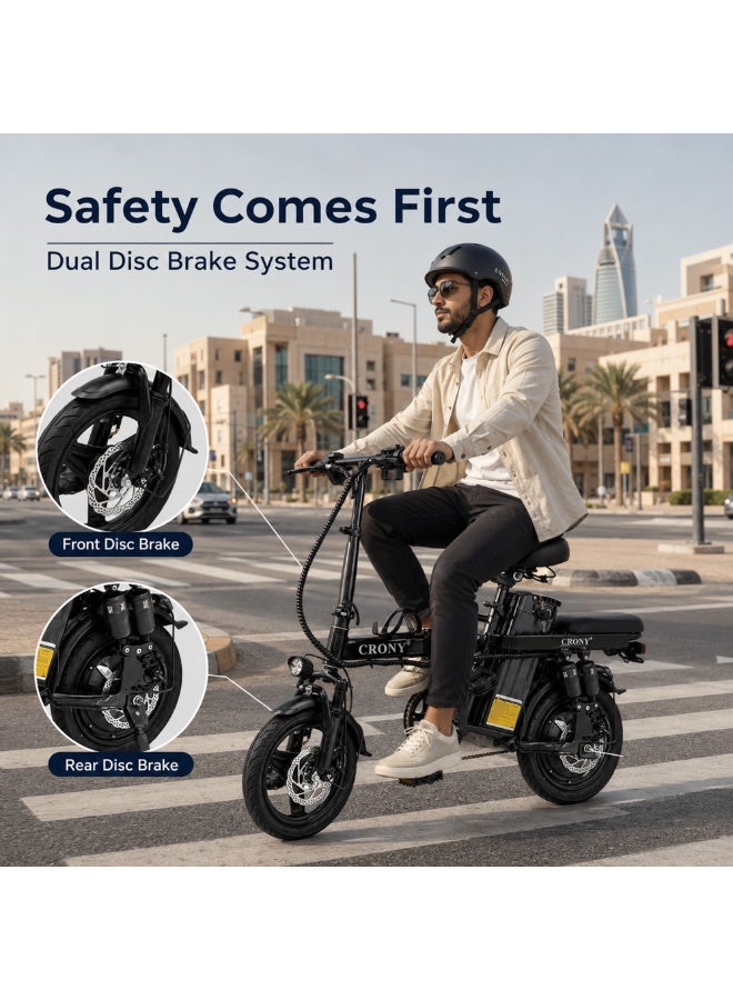 Crony Foldable &  Smart Electric bike for Daily Urban Commuting | 350W Motor, 48V 10.8Ah Battery, Dual Suspension, Dual Disc Brakes, Max Load 150KG, Up to 25km Pure Electric Range 350W Motor, Up to 20 km/h Speed, Pure Electric Range Up to 25 km electric cycling with 2 Seater for Everyday Urban Mobility Black - Image 5