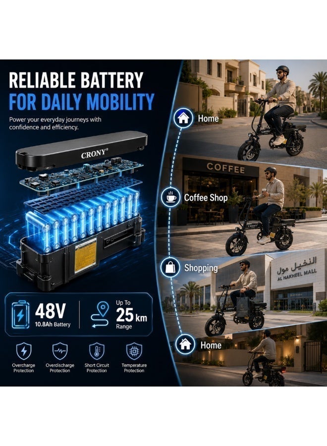 Crony Foldable &  Smart Electric bike for Daily Urban Commuting | 350W Motor, 48V 10.8Ah Battery, Dual Suspension, Dual Disc Brakes, Max Load 150KG, Up to 25km Pure Electric Range 350W Motor, Up to 20 km/h Speed, Pure Electric Range Up to 25 km electric cycling with 2 Seater for Everyday Urban Mobility Black - Image 3