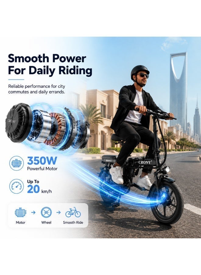 Crony Foldable &  Smart Electric bike for Daily Urban Commuting | 350W Motor, 48V 10.8Ah Battery, Dual Suspension, Dual Disc Brakes, Max Load 150KG, Up to 25km Pure Electric Range 350W Motor, Up to 20 km/h Speed, Pure Electric Range Up to 25 km electric cycling with 2 Seater for Everyday Urban Mobility Black - Image 2