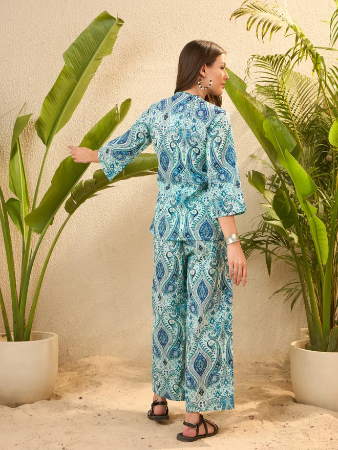 Take Two Blue Paisley Printed Pure Cotton Tunic and Trousers Co-Ords By Imana