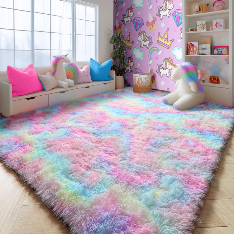PAGISOFE 8x10 Rainbow Large Area Rug,Plush Rugs for Bedroom Girls,Shaggy Carpet for Kids Room,Fuzzy Nursery Rug for Baby's Toddler's Room,Clorful Room Decor for Teenage Pastel Princess Rug - Image 1