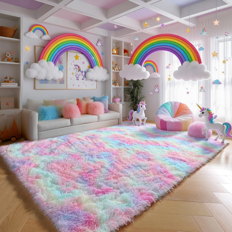 PAGISOFE 8x10 Rainbow Large Area Rug,Plush Rugs for Bedroom Girls,Shaggy Carpet for Kids Room,Fuzzy Nursery Rug for Baby's Toddler's Room,Clorful Room Decor for Teenage Pastel Princess Rug - Image 3