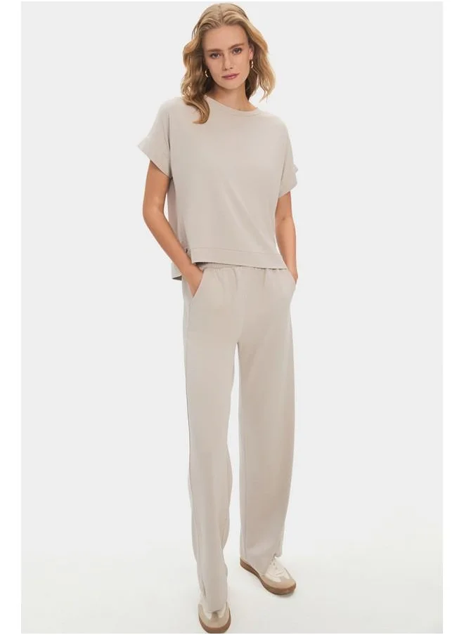 جون June Viscose Blend Tshirt Trouser Set Stone