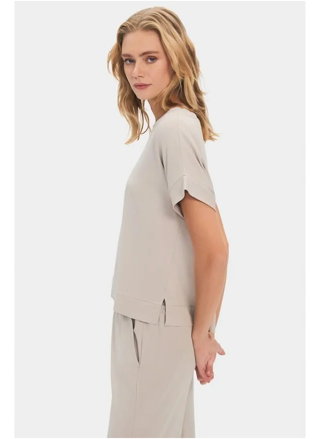 جون June Viscose Blend Tshirt Trouser Set Stone