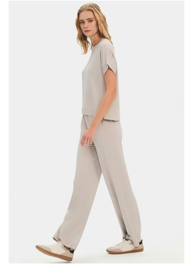 جون June Viscose Blend Tshirt Trouser Set Stone