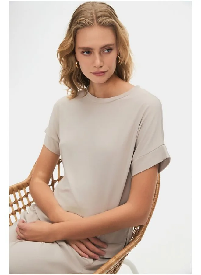 جون June Viscose Blend Tshirt Trouser Set Stone