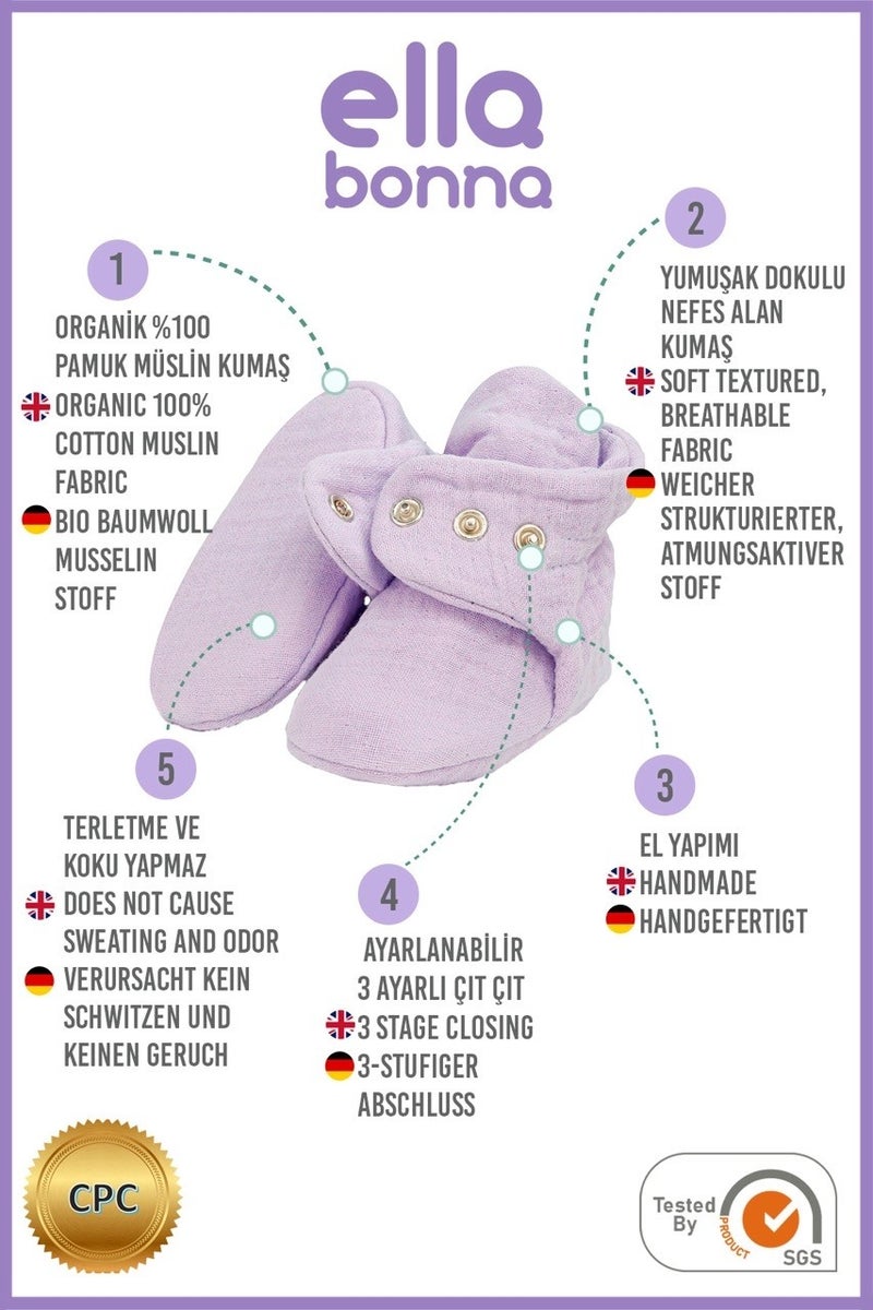 Ella Bonna Muslin Baby Booties, Organic Cotton, Newborn Slippers, Lilac  - Image 4