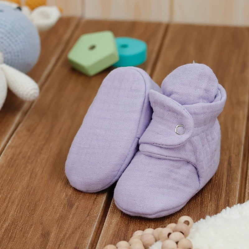 Ella Bonna Muslin Baby Booties, Organic Cotton, Newborn Slippers, Lilac  - Image 5
