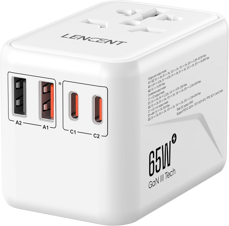 LENCENT Universal Travel Adapter, GaN3 65W International Charger with 2 QC4.0 USB-A+ 2 PD3.0 Type-C PPS Fast Charging, Worldwide Overseas Outlet Adaptor for iPhone,Tablets,Laptops, USA/UK/EU/AUS White - Image 1