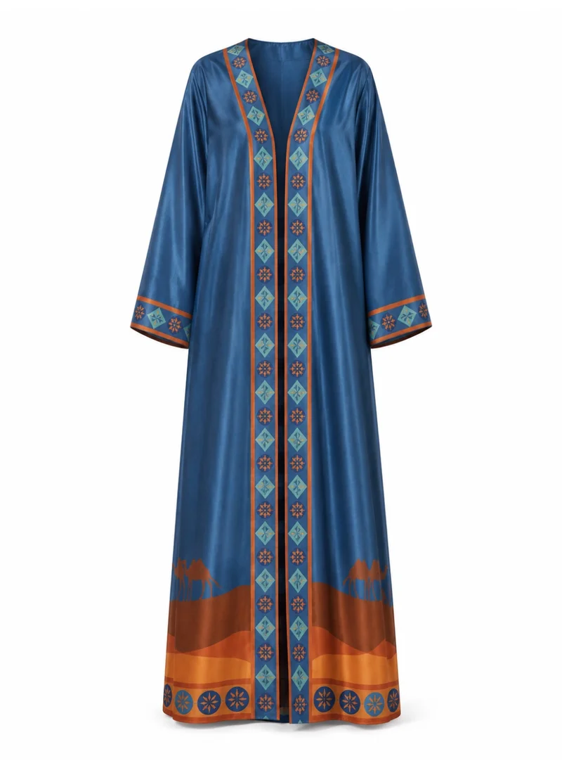 Amnad International Luxury Printed Silk Abaya for Women with Matching Hijab – Open & Closed Style Maxi Kaftan, Sizes 52-60 inches