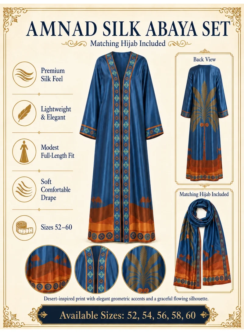 Amnad International  Luxury Printed Silk Abaya for Women with Matching Hijab – Open & Closed Style Maxi Kaftan, Sizes 52-60 inches for Women | Best Price UAE