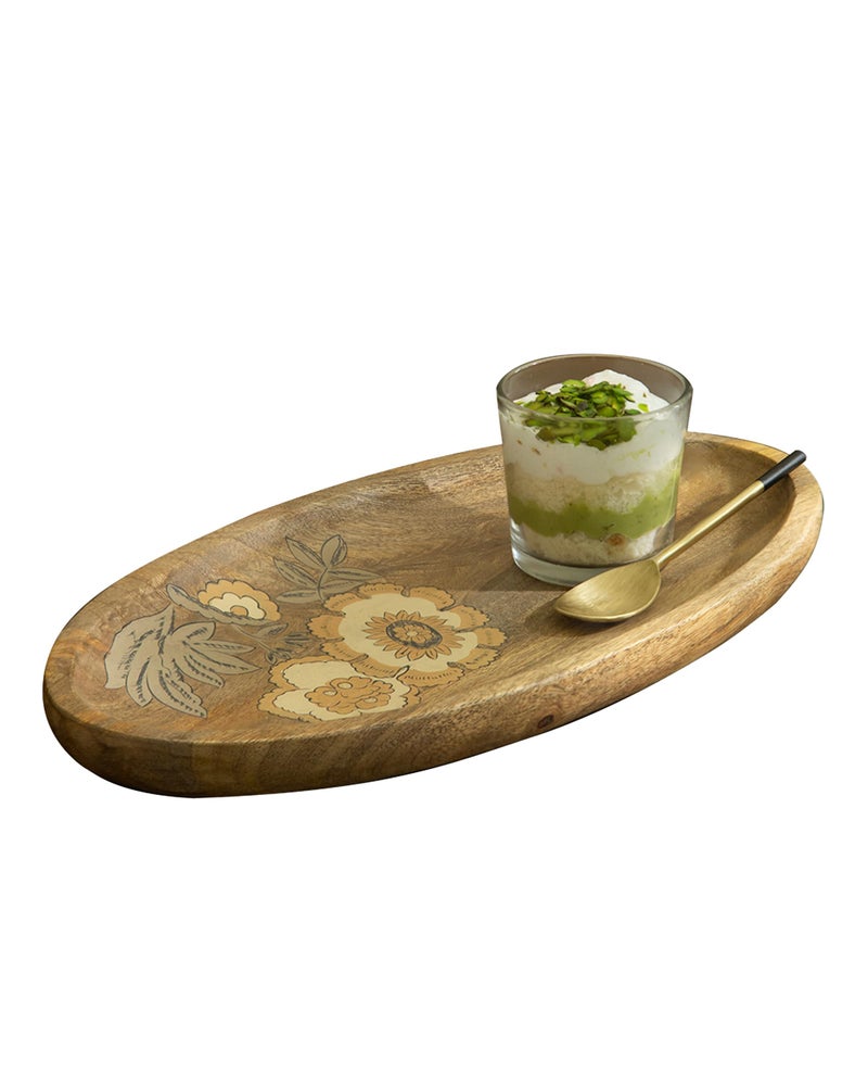 EllementryFleur D'or Platter Large| Elegant Serving Platter with Wooden Board for Home & Dining | Stylish Serveware for Snacks, Appetizers, Fruits, and Desserts - Image 2