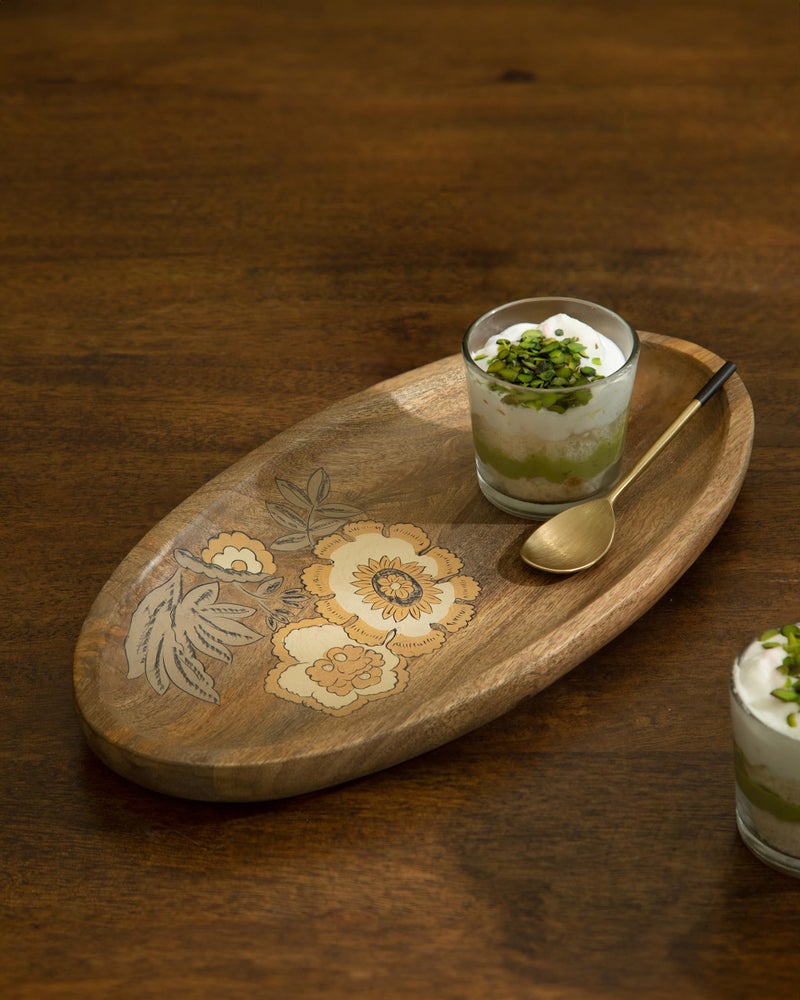 EllementryFleur D'or Platter Large| Elegant Serving Platter with Wooden Board for Home & Dining | Stylish Serveware for Snacks, Appetizers, Fruits, and Desserts - Image 1