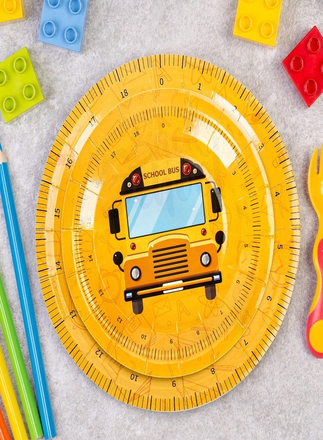 Whaline 50Pcs Back to School Paper Plates Scales Book School Bus Prints Round Disposable Plates 9Inch & 7Inch Yellow Decorative Tableware for First Day of School Party Supplies Table Decorations - Image 5