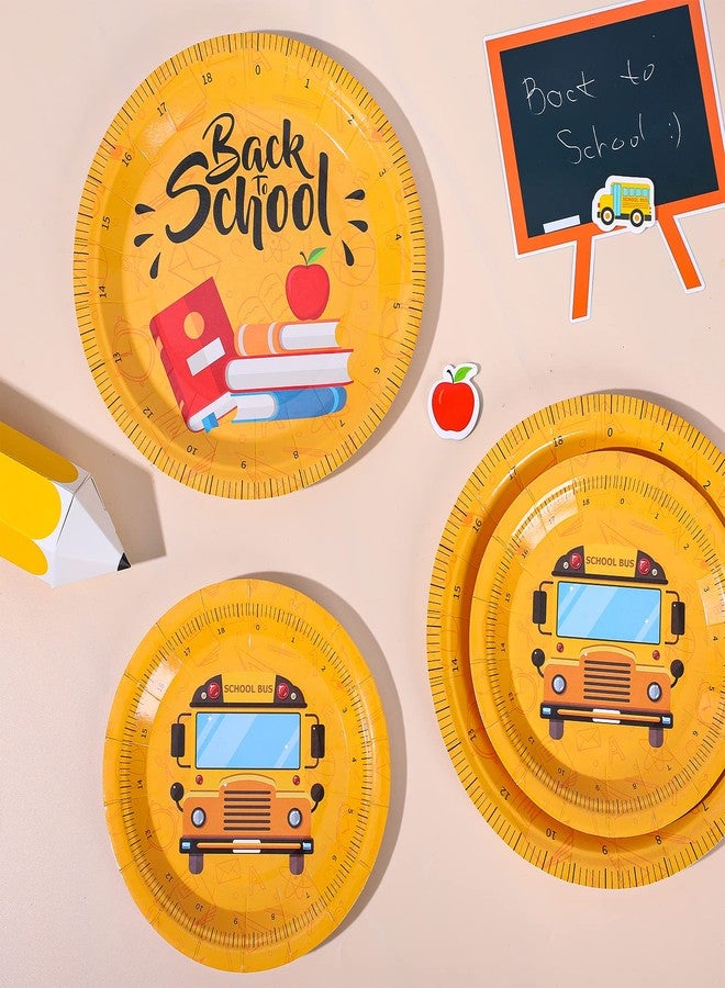 Whaline 50Pcs Back to School Paper Plates Scales Book School Bus Prints Round Disposable Plates 9Inch & 7Inch Yellow Decorative Tableware for First Day of School Party Supplies Table Decorations - Image 3