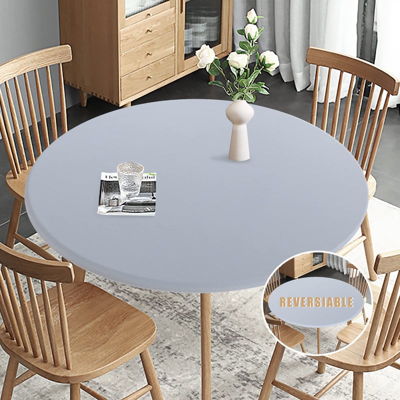 Obstal Fitted Round Table Cloth Reversible Waterproof Stain Resistant Elastic Stretch Tablecloth Wipe Clean Table Cover for OutdoorIndoor Use Fits Round Tables up to 32  36 Diameter Silver