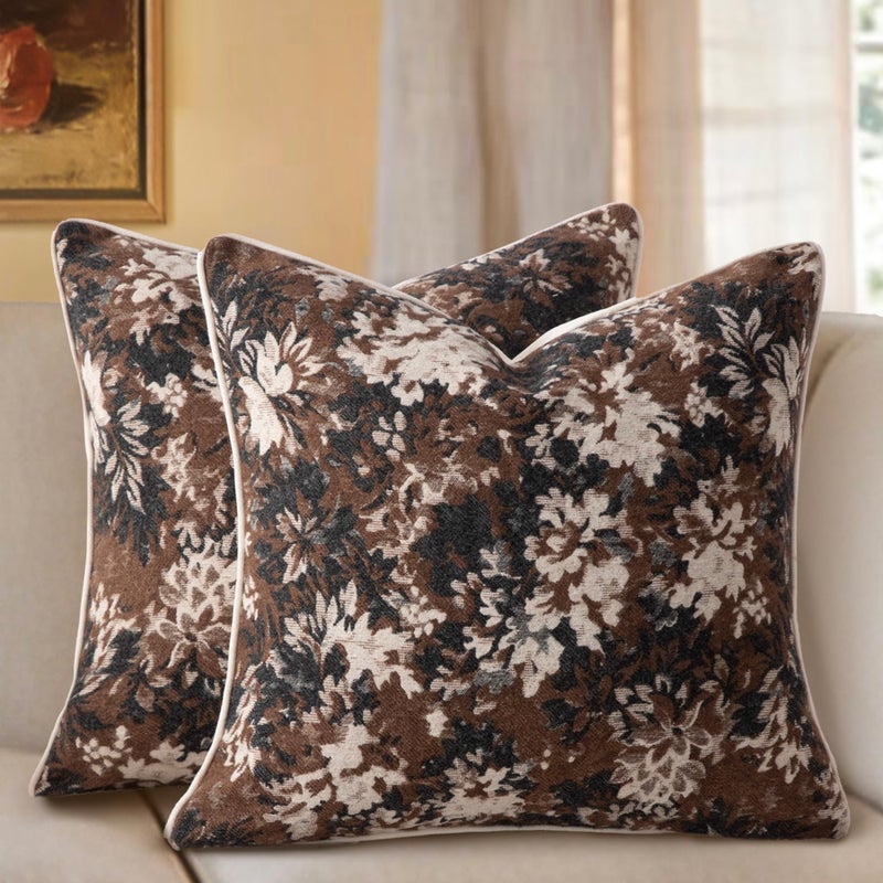 Haguko Pack of 2 Vintage Floral Throw Pillow Covers 18x18 Tapestry Chenille Soft Decorative Farmhouse Square Accent Pillow Cases for Couch Bedroom Living Room Home Decor Coffee Brown - Image 2