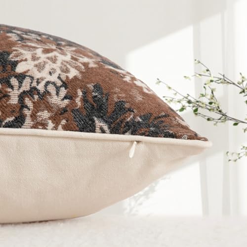Haguko Pack of 2 Vintage Floral Throw Pillow Covers 18x18 Tapestry Chenille Soft Decorative Farmhouse Square Accent Pillow Cases for Couch Bedroom Living Room Home Decor Coffee Brown - Image 3