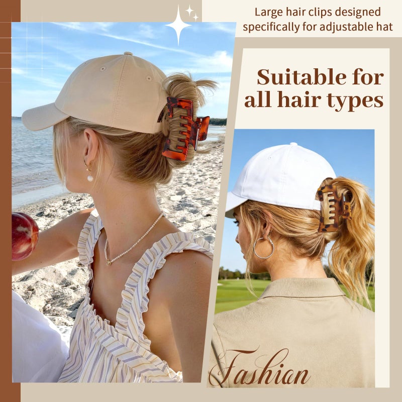 Interesse 4 PCS Large Hair Clips for Baseball Cap, Tortoise Shell Adjustable Hats Claw Clips for Women Girls, Non-Slip Strong Hold Trucker Hat Hair Claw Clips for Thick Thin Hair, Gift Hair Accessoires - Image 4