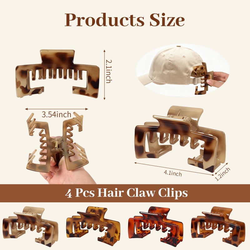 Interesse 4 PCS Large Hair Clips for Baseball Cap, Tortoise Shell Adjustable Hats Claw Clips for Women Girls, Non-Slip Strong Hold Trucker Hat Hair Claw Clips for Thick Thin Hair, Gift Hair Accessoires - Image 2
