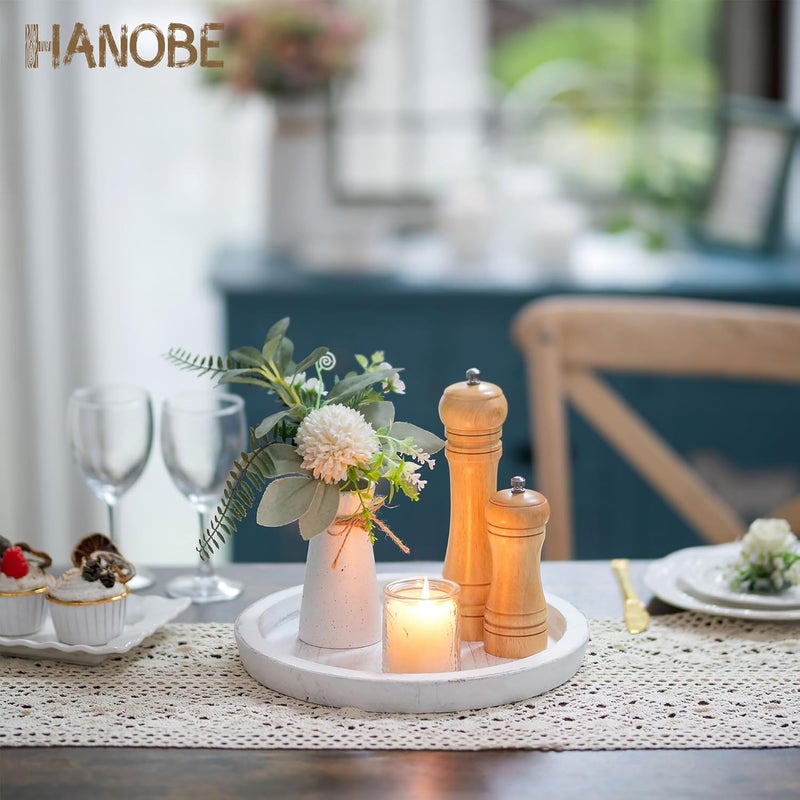 Hanobe Rustic Wooden Serving Tray Round Wood Decorative Tray Rustic White Set of 2 Centerpiece Candle Holder Trays Farmhouse Ottoman Tray for Kitchen Counter Home Decor for Coffee Table - Image 3