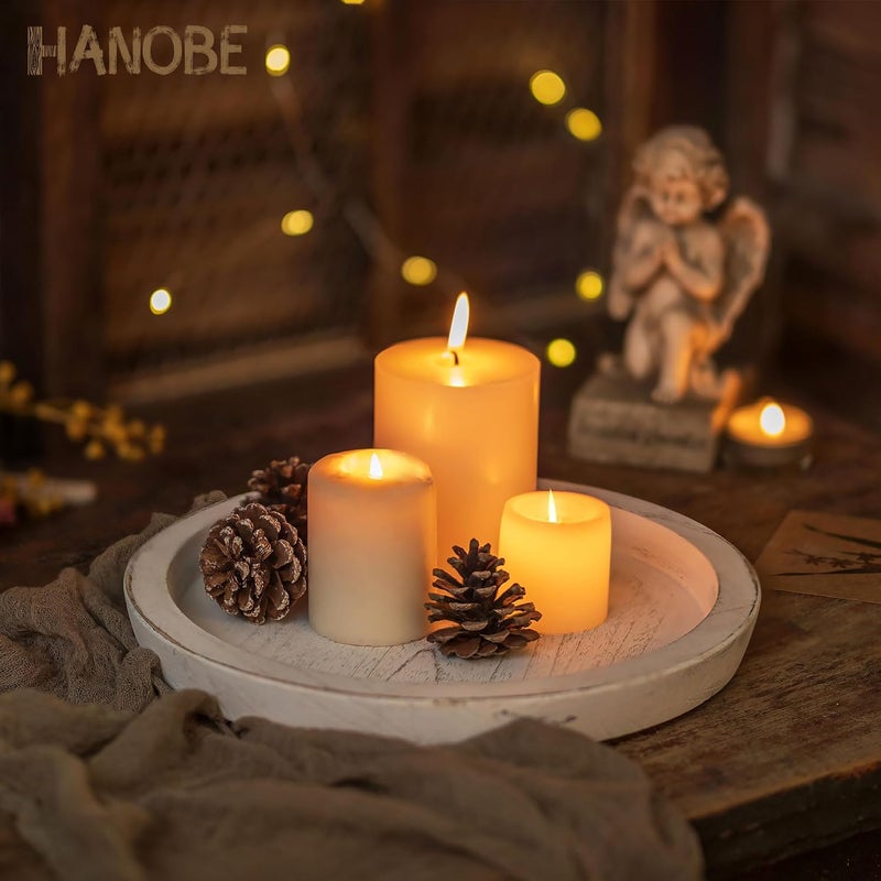 Hanobe Rustic Wooden Serving Tray Round Wood Decorative Tray Rustic White Set of 2 Centerpiece Candle Holder Trays Farmhouse Ottoman Tray for Kitchen Counter Home Decor for Coffee Table - Image 2