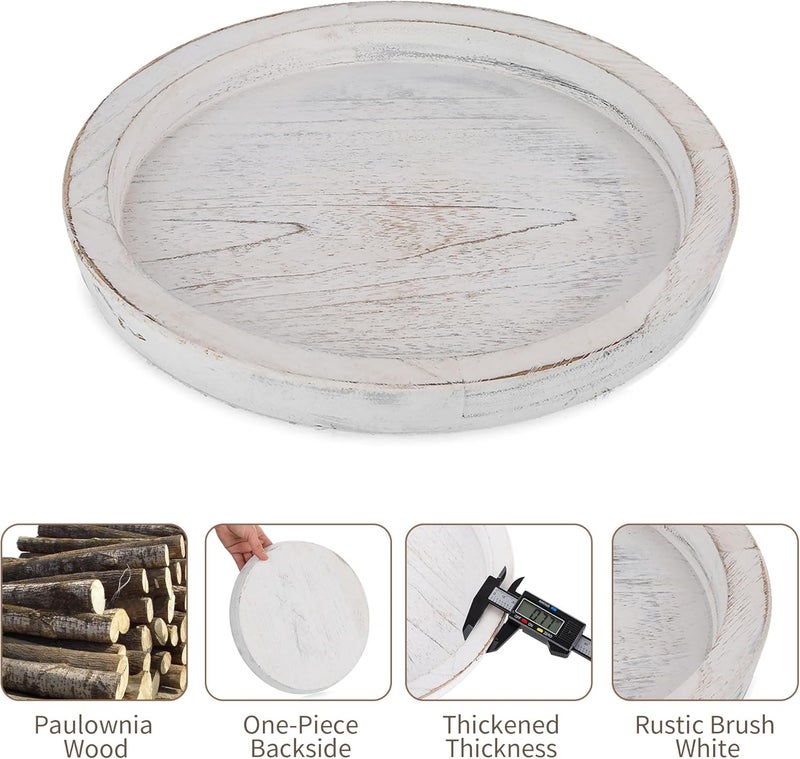 Hanobe Rustic Wooden Serving Tray Round Wood Decorative Tray Rustic White Set of 2 Centerpiece Candle Holder Trays Farmhouse Ottoman Tray for Kitchen Counter Home Decor for Coffee Table - Image 5