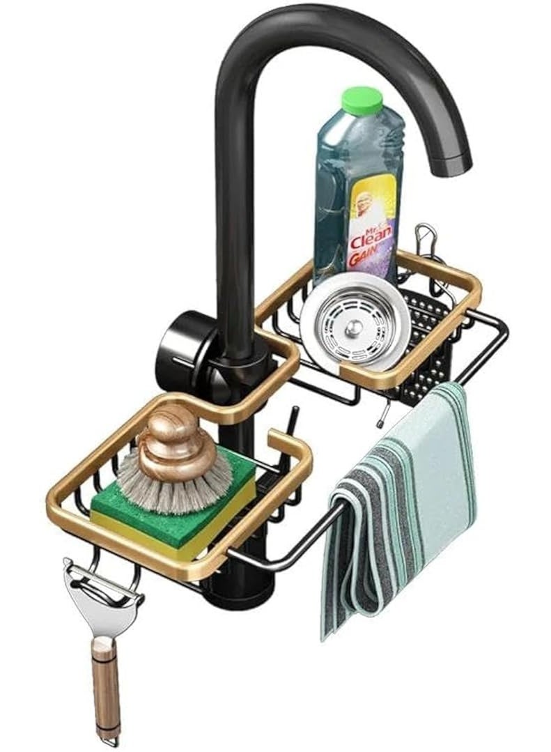 رف صنبور المطبخ قابل للتعديل من الألومنيوم الخفيف الفاخر باللون الأسود والذهبي، سلة تصريف المطبخ المنزلية، رف خرقة