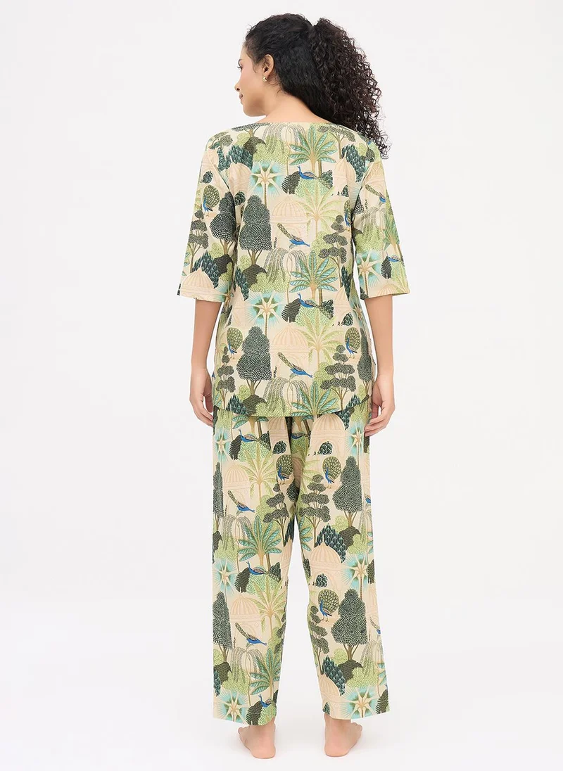 Clovia Green Clovia Graphic Print Kurta Top & Pyjama Set in Light Green - 100% Cotton for Women | Best Price UAE