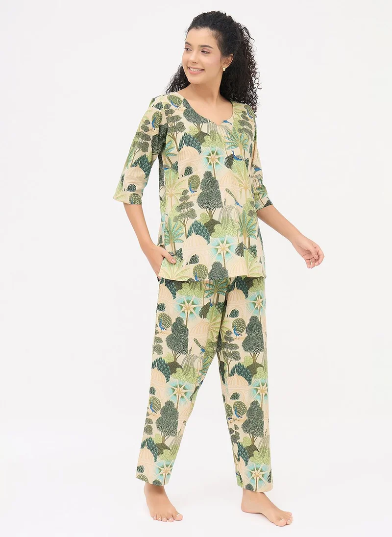 Clovia Green Clovia Graphic Print Kurta Top & Pyjama Set in Light Green - 100% Cotton for Women | Best Price UAE