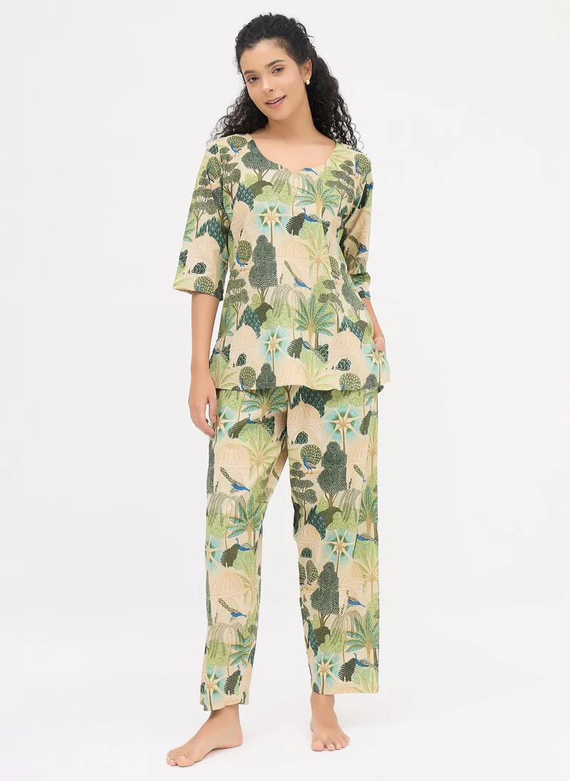 Clovia Clovia Graphic Print Kurta Top & Pyjama Set in Light Green - 100% Cotton
