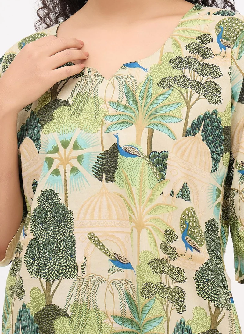 Clovia Green Clovia Graphic Print Kurta Top & Pyjama Set in Light Green - 100% Cotton for Women | Best Price UAE