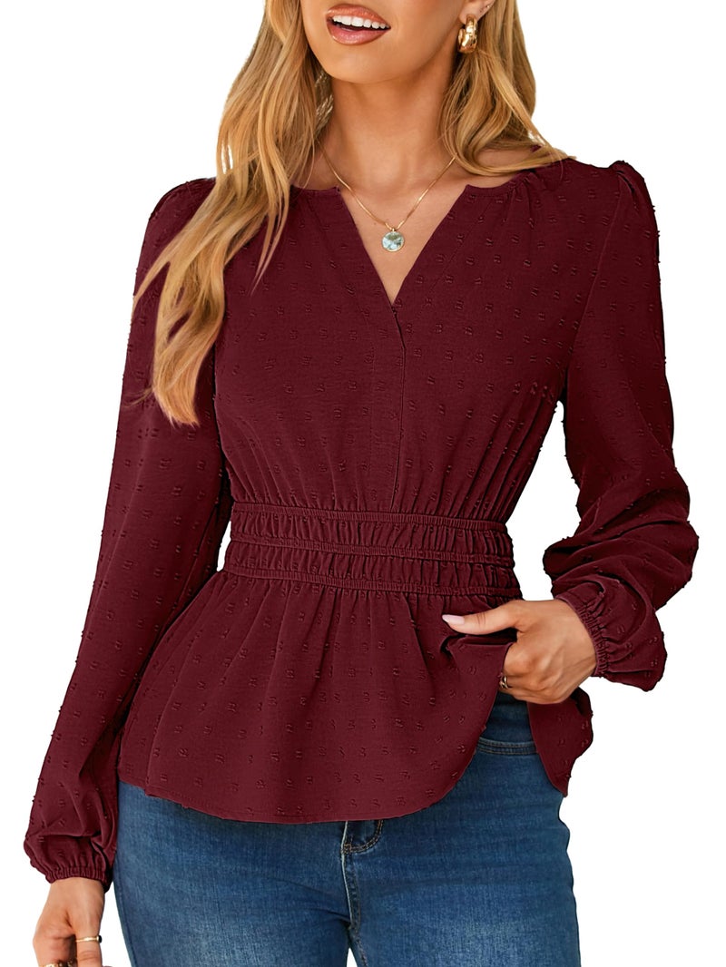 Simplee Womens Blouses Long Sleeve Peplum Boho Tops Fall Dressy Casual V Neck Swiss Dot Babydoll Tops Fashion Shirts Burgundy M - Image 1