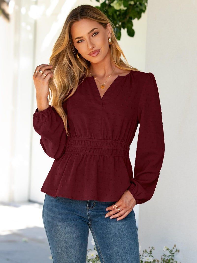 Simplee Womens Blouses Long Sleeve Peplum Boho Tops Fall Dressy Casual V Neck Swiss Dot Babydoll Tops Fashion Shirts Burgundy M - Image 2