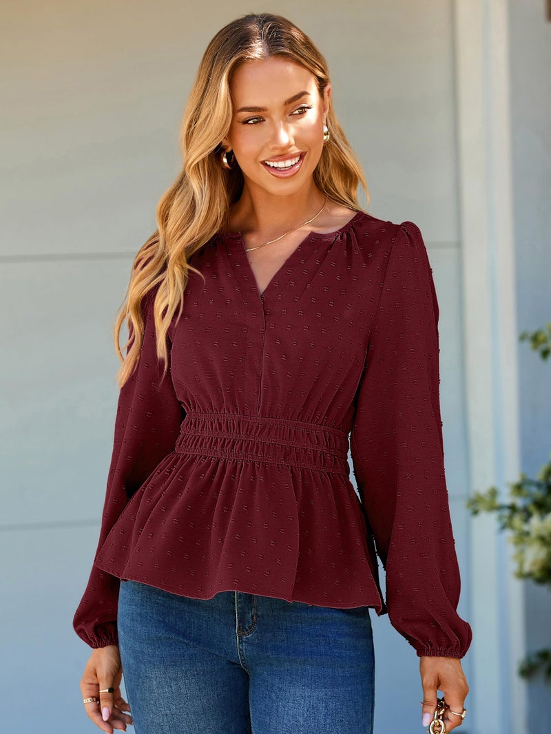 Simplee Womens Blouses Long Sleeve Peplum Boho Tops Fall Dressy Casual V Neck Swiss Dot Babydoll Tops Fashion Shirts Burgundy M - Image 3