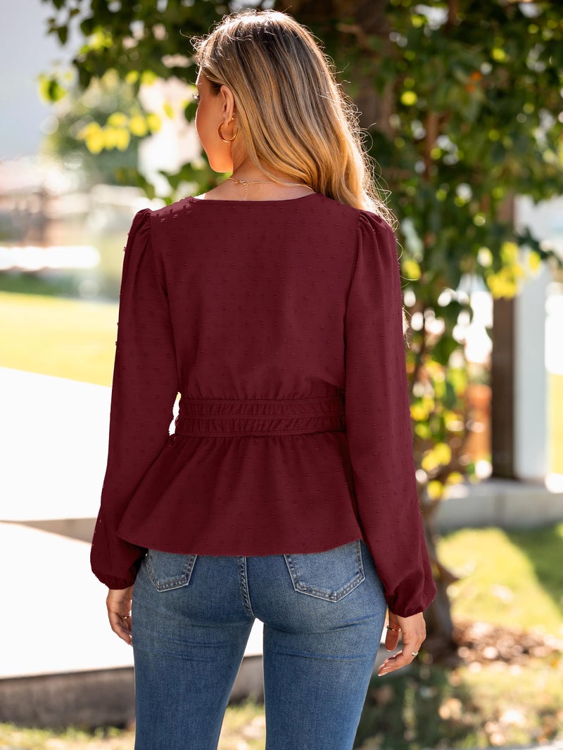 Simplee Womens Blouses Long Sleeve Peplum Boho Tops Fall Dressy Casual V Neck Swiss Dot Babydoll Tops Fashion Shirts Burgundy M - Image 4