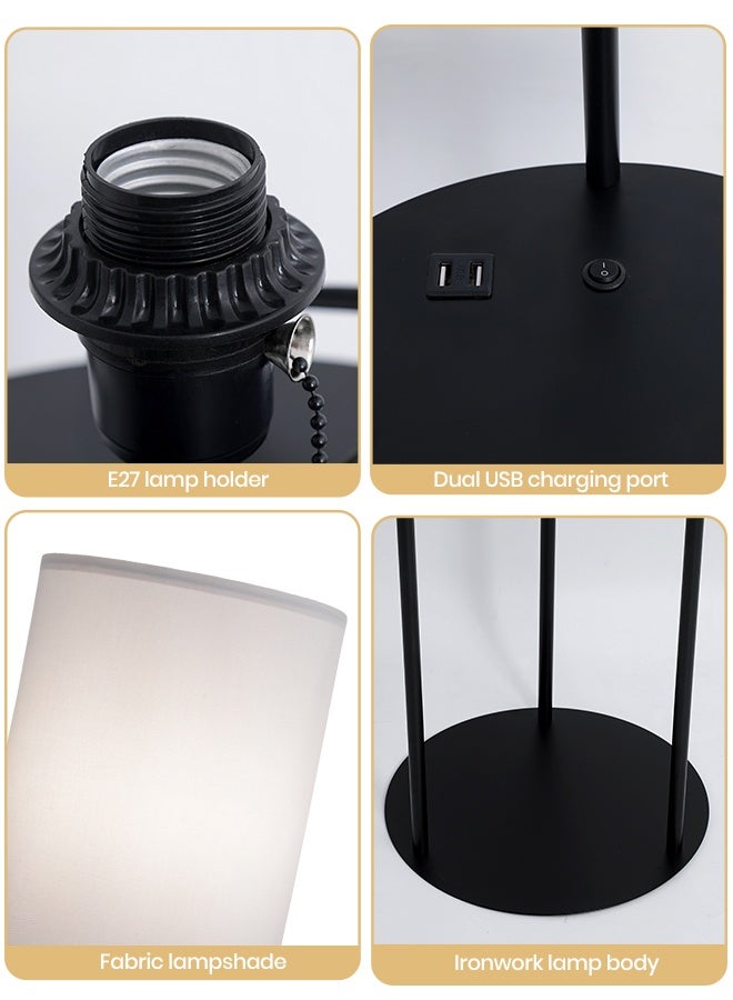 YATAI LIGHTING Modern LED Floor Lamp 62-Inch, 3-Color Dimming (3000K-4000K-6000K), Black Iron & Fabric Lamp with E27 Bulb, Pull Chain Switch, Dual USB Charging Ports for Bedroom & Living Room - Image 4