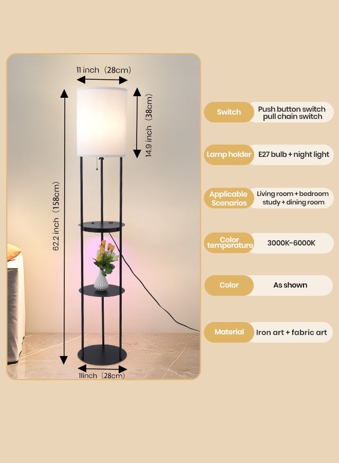 YATAI LIGHTING Modern LED Floor Lamp 62-Inch, 3-Color Dimming (3000K-4000K-6000K), Black Iron & Fabric Lamp with E27 Bulb, Pull Chain Switch, Dual USB Charging Ports for Bedroom & Living Room - Image 3
