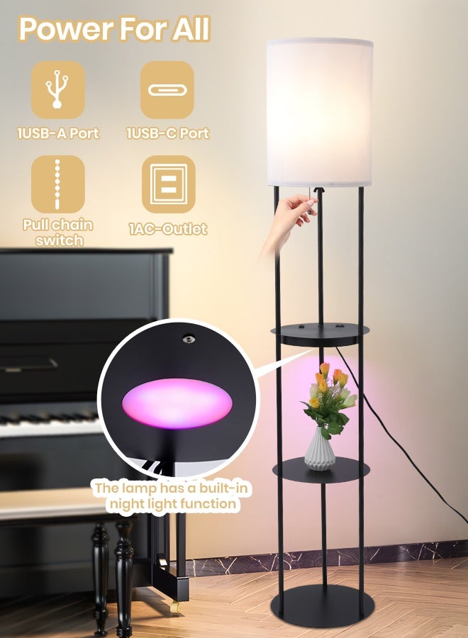 YATAI LIGHTING Modern LED Floor Lamp 62-Inch, 3-Color Dimming (3000K-4000K-6000K), Black Iron & Fabric Lamp with E27 Bulb, Pull Chain Switch, Dual USB Charging Ports for Bedroom & Living Room - Image 2