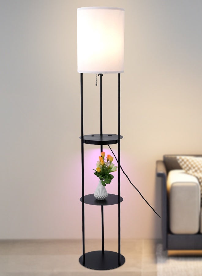 YATAI LIGHTING Modern LED Floor Lamp 62-Inch, 3-Color Dimming (3000K-4000K-6000K), Black Iron & Fabric Lamp with E27 Bulb, Pull Chain Switch, Dual USB Charging Ports for Bedroom & Living Room - Image 1