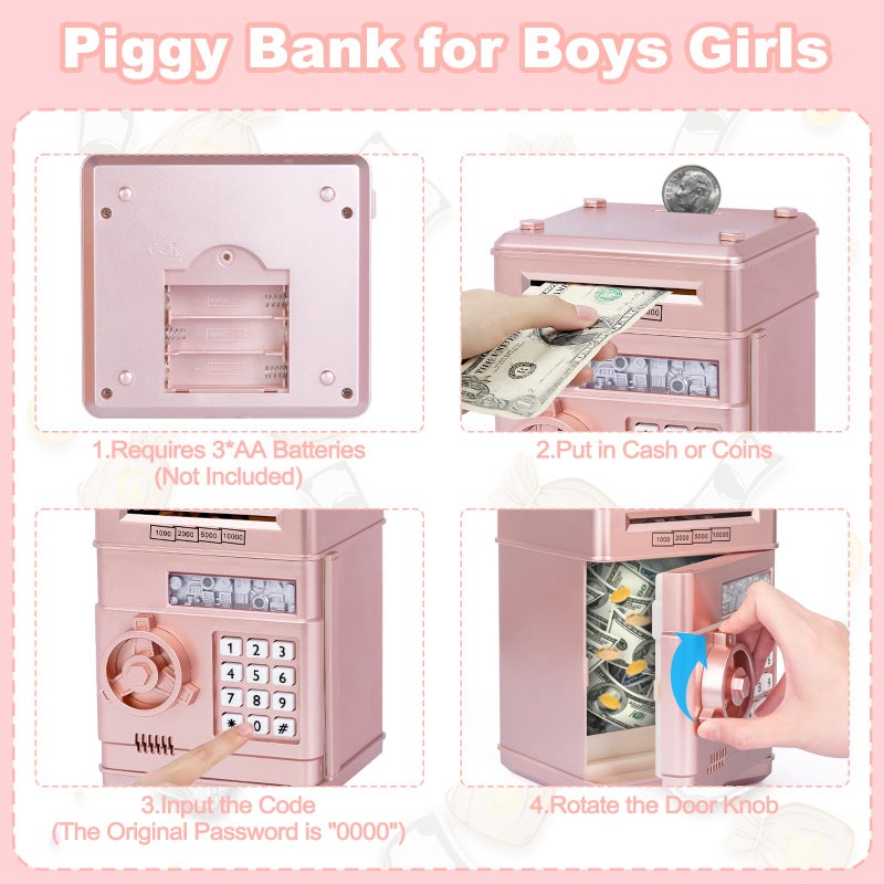 Refasy Piggy Bank Toy,Kids Toys Electronic Piggy Bank for Boys Girls Kids Safe ATM Bank Cash Coin Can for Children Money Bank Toys Money Saving Box Birthday Gift for Kid Age 3-12 (Rose Gold) - Image 4