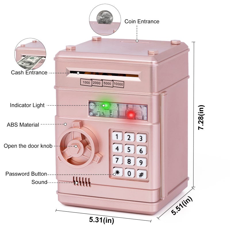 Refasy Piggy Bank Toy,Kids Toys Electronic Piggy Bank for Boys Girls Kids Safe ATM Bank Cash Coin Can for Children Money Bank Toys Money Saving Box Birthday Gift for Kid Age 3-12 (Rose Gold) - Image 3