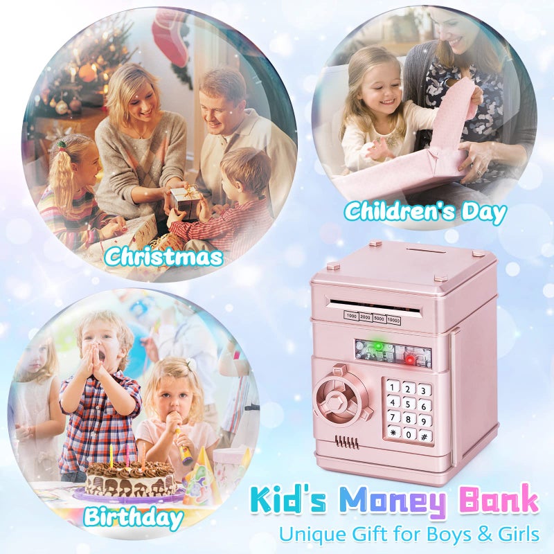 Refasy Piggy Bank Toy,Kids Toys Electronic Piggy Bank for Boys Girls Kids Safe ATM Bank Cash Coin Can for Children Money Bank Toys Money Saving Box Birthday Gift for Kid Age 3-12 (Rose Gold) - Image 5