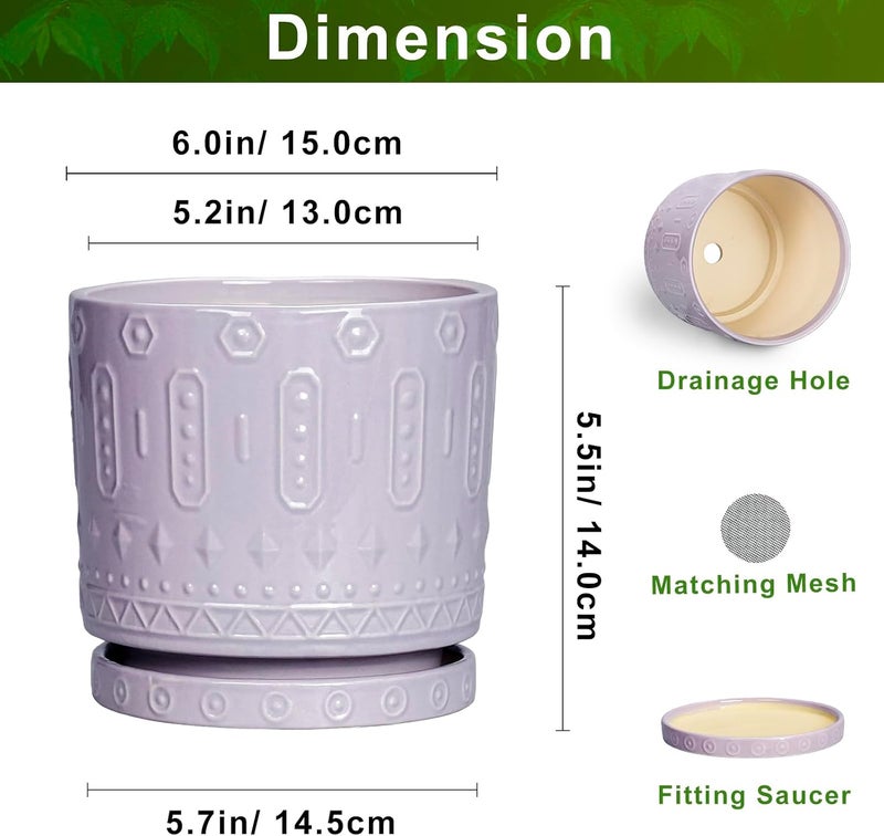 Eightpot 6 Inch Ceramic Planter Pot Plant Pot with Drainage Hole and Saucer, Round Large Flower Pot for Indoor Plants Outdoor Garden Planter Pot, Purple - Image 2