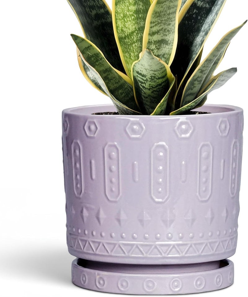 Eightpot 6 Inch Ceramic Planter Pot Plant Pot with Drainage Hole and Saucer, Round Large Flower Pot for Indoor Plants Outdoor Garden Planter Pot, Purple - Image 1