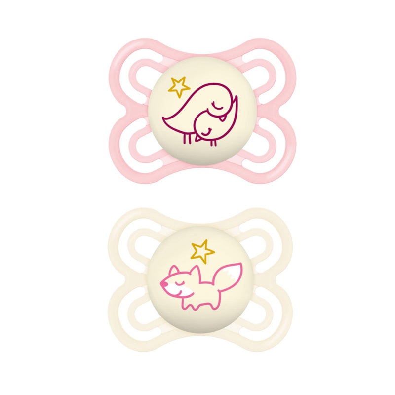 MAM Perfect Night Baby Pacifier, Patented Nipple, Glows in The Dark, 2 Pack, 0-6 Months, Girl, Designs May Vary - Image 1