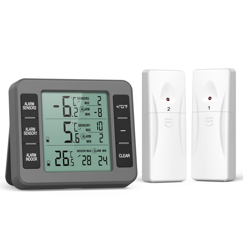 ORIA Refrigerator Thermometer, (New Version) Wireless Digital Freezer Thermometer, Fridge Thermometer, Wireless Indoor Outdoor Thermometer for Freezer, Refrigerator, Cooler, Grey, 2 Sensors - Image 1