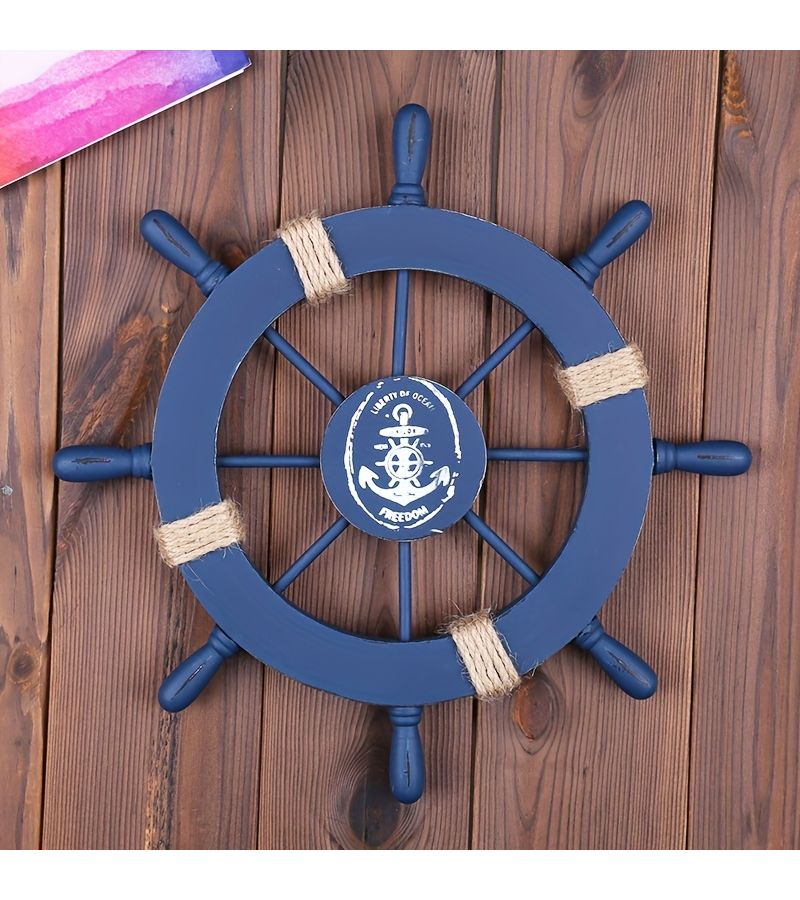 Boat Wooden Ship Steering Wheel Wall Decor Nautical Beach Art - Image 1